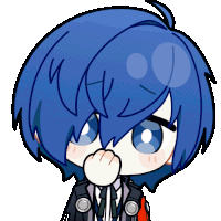 a cartoon drawing of a person with blue hair covering their mouth