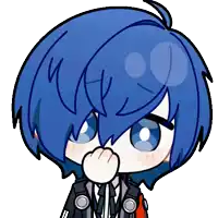 a cartoon drawing of a person with blue hair covering their mouth
