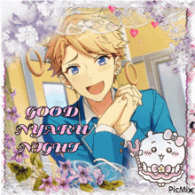 a picture of a boy with the words " good nyaru night " written on it