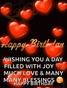 a happy birthday card with hearts and the words wishing you a day filled with joy much love and many many blessings happy birthday