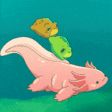 a pink axolotl and a green frog are swimming together