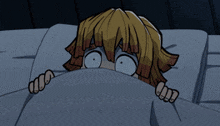 a cartoon character is hiding under a blanket with a surprised look on his face