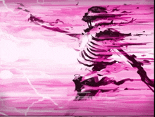 a pink and white painting of a skeleton with a lightning bolt in the background