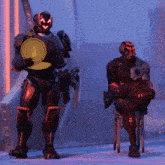 a robot holding a coin stands next to a robot sitting on a stool