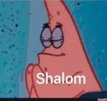 patrick star from spongebob squarepants is making a face and saying shalom .