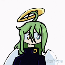 a drawing of an angel with green hair and a halo on his head