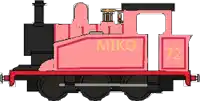 a pixel art drawing of a pink train with the number 72 on the side .