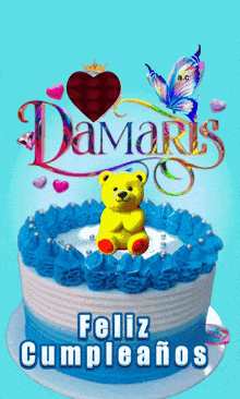 a birthday cake with the name damaris and a yellow teddy bear