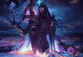 a purple and blue painting of a man with a sword and shield