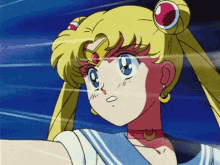 a close up of a cartoon character with a red circle on her head