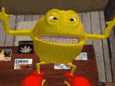 a yellow frog is standing in front of a shelf with magazines on it including one that says drug