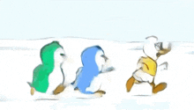 three penguins are walking in front of an igloo in the snow