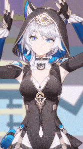a girl with white hair and blue eyes is wearing a hood