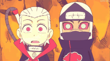 a cartoon of a man with a sword standing next to another man with a mask