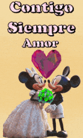 a picture of mickey mouse and minnie mouse kissing with the words contigo siempre amor
