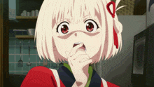 a girl with short blonde hair and red eyes is making a funny face