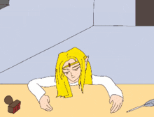 a cartoon of a woman laying on a table with a feather and a box that says bb on it