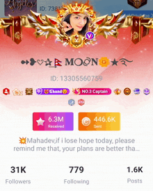 a screenshot of a person 's profile with a picture of a woman and the name moon