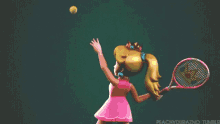 princess peach is standing next to a yellow ball in a video game and looking at the camera .