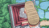 a cartoon drawing of a person 's foot standing in front of a building