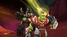 an orc in a red and white shirt with the letter g on it