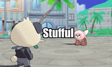 a stuffed animal is standing in front of a stuffed animal that says stuffful