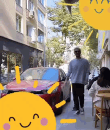 a man is walking down a street next to a red car and a yellow smiley face