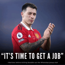 a man wearing a red adidas jersey with the words " it 's time to get a job " on it