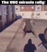 a man is jumping in the air in a video game with the words `` the uoc miracle rally '' above him .
