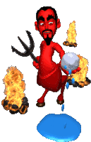 a cartoon of a devil holding a trident surrounded by fire