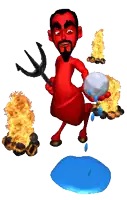 a cartoon of a devil holding a trident surrounded by fire