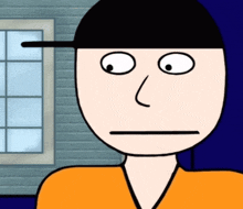 a cartoon drawing of a man wearing a hat and orange shirt