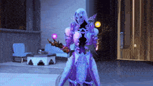 a woman in a purple costume is holding a wand