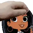 a hand is putting a hat on a cartoon character .
