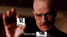 a man with glasses is holding up a picture of a man and the words " this is not false "
