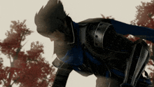 a man in a blue and black armor stands in front of trees