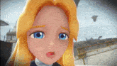 a cartoon character with blonde hair and blue eyes is looking at the camera