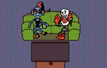 a pixel art of a man and a skeleton sitting on a couch watching tv .