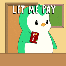 a cartoon of a penguin holding a agw credit card