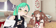 a girl with green hair is holding a knife next to another girl with brown hair