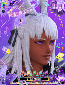 a girl with purple eyes and white hair is surrounded by music notes