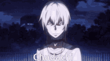 a man with white hair is standing in front of a fence with the word chadachi written on it