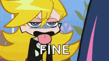 a cartoon character with a tongue sticking out and the word fine on the bottom