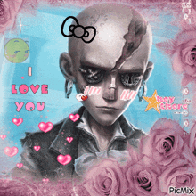 a picture of a man with a hello kitty on his head and the words i love you on the bottom