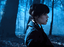 a girl with pigtails is standing in a forest at night