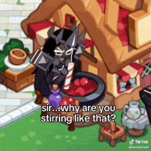 a cartoon character is standing in front of a gingerbread house with a caption that says sir why are you stirring like that