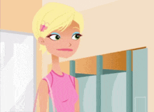 a cartoon girl in a pink shirt stands in front of a bathroom stall