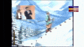 a tv screen shows a man skiing down a snowy slope with the words " la tele " on the top right