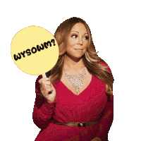a woman in a red dress is holding a yellow sign that says wysowm