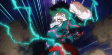 izuku midoriya from my hero academia is fighting a villain with a lightning bolt coming from his fist .